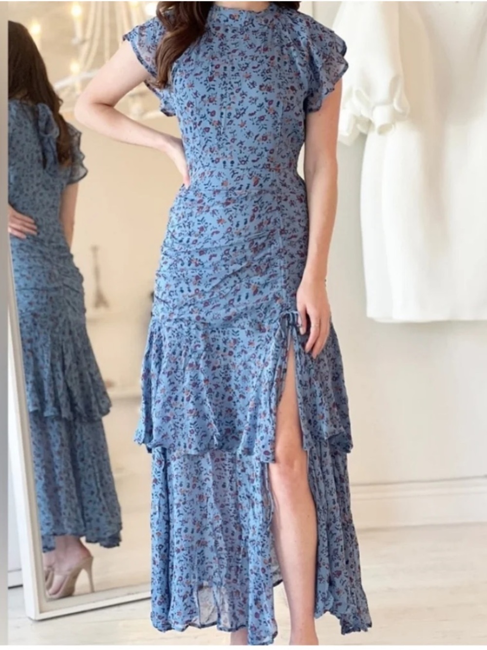 Cleobella Cecilia Blue Floral Ruffled High Low Chiffon Midi Dress
